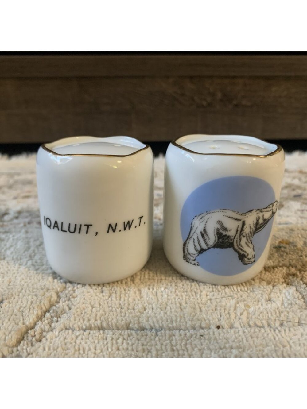 Vintage Polar Bear Salt Pepper Shakers Porcelain Blue Gold Trim 2" Iqaluit NWT